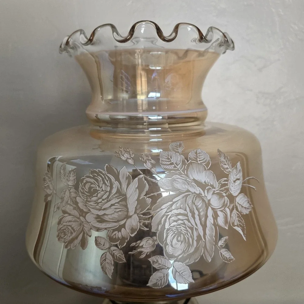 VTG Amber Marigold Luster Iridescent Glass Gone with The Wind Floral 3-Way Lamp